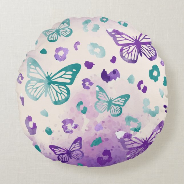 Butterfly Leopard Purple Grey Pattern Round Cushion (Front)