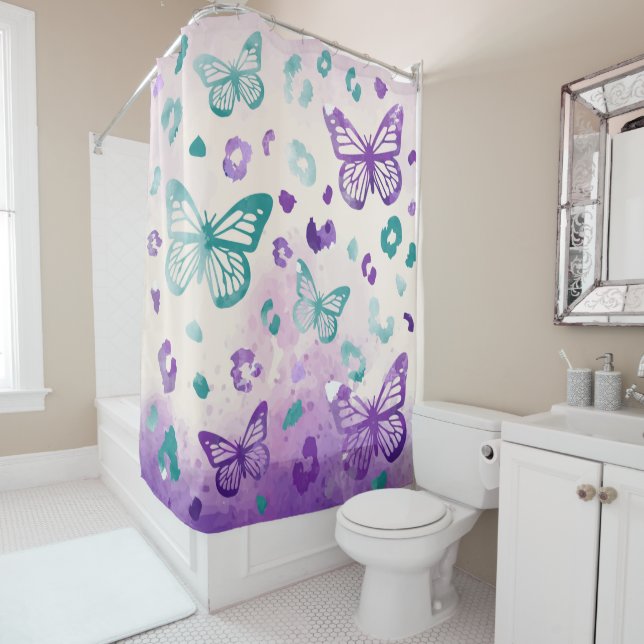 Butterfly Leopard White Shower Curtain (In Situ)
