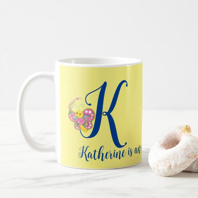 Butterfly Letter K Floral Mug (With Donut)