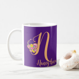 Butterfly Letter N Floral Mug