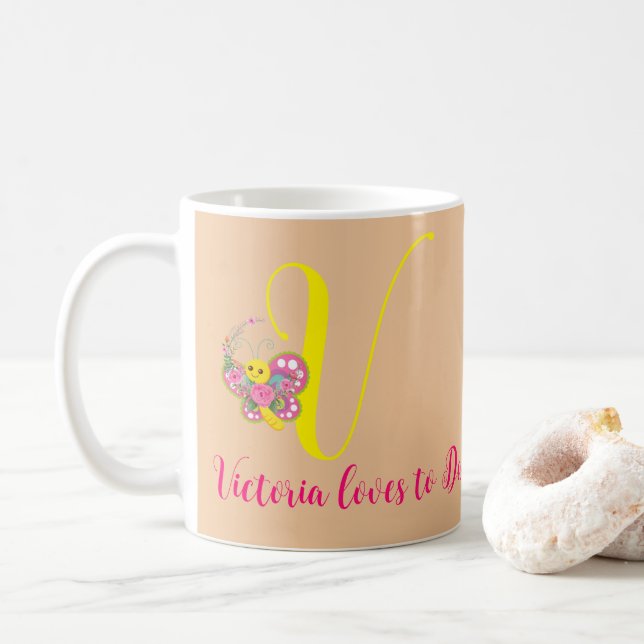 Butterfly Letter V Floral Mug (With Donut)