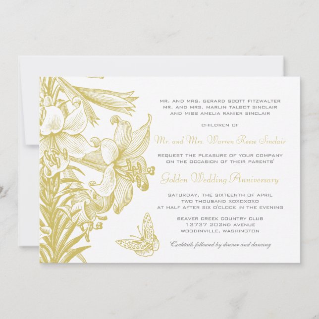 Butterfly Lilies Golden 50th Wedding Anniversary Invitation (Front)