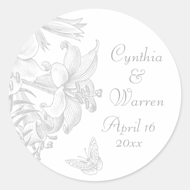 Butterfly Lilies Silver 25th Wedding Anniversary Classic Round Sticker (Front)