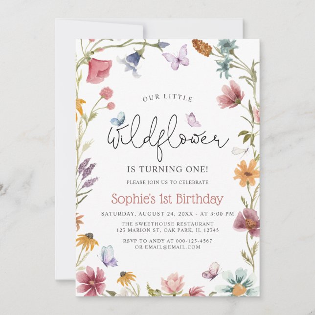 Butterfly Little Wildflower 1st Baby Girl Birthday Invitation (Front)