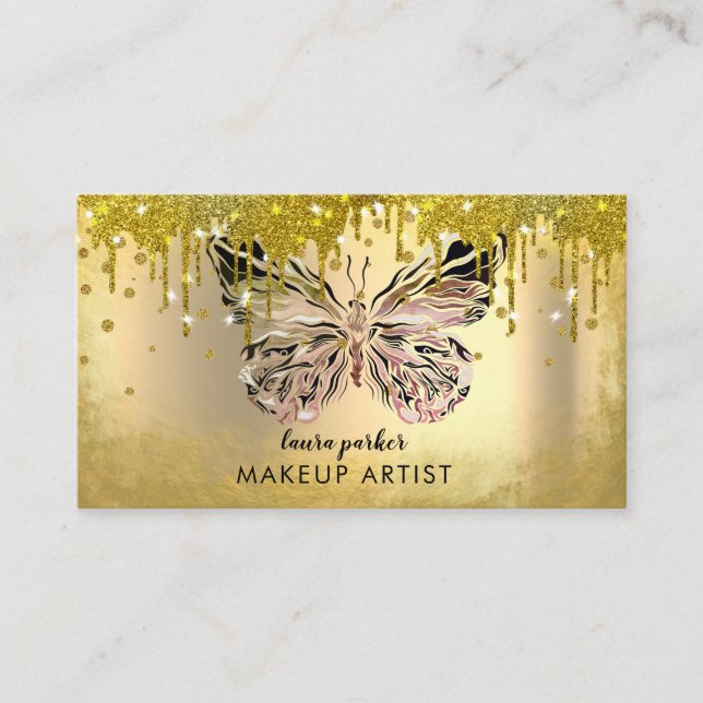Butterfly Logo Gold Dripping Glitter Elegant Busin Business Card (Front)