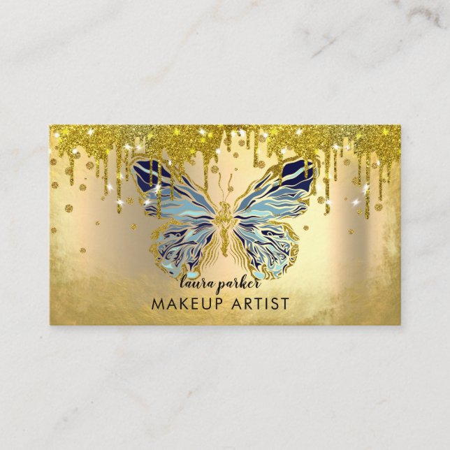 Butterfly Logo Gold Dripping Glitter Elegant Business Card (Front)