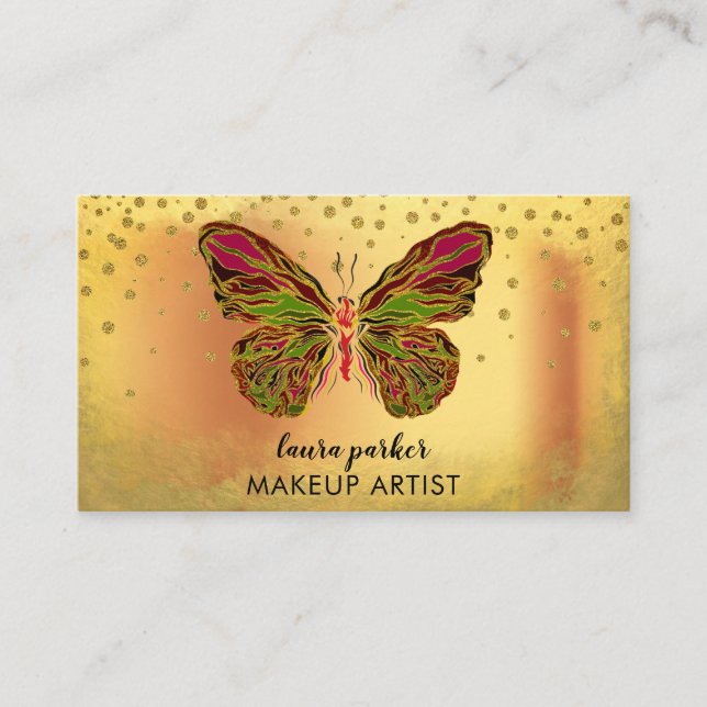 Butterfly Logo Gold Glitter Girly Modern Rainbow Business Card (Front)