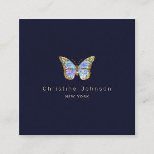 butterfly logo on dark blue square business card