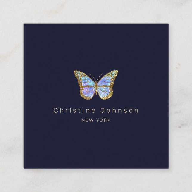 butterfly logo on dark blue square business card (Front)