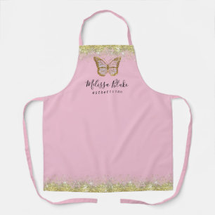 butterfly logo on faux gold sparkle   apron