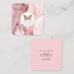 butterfly logo on pink agate square business card