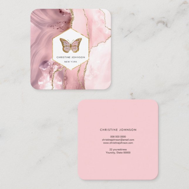 butterfly logo on pink agate square business card (Front/Back)