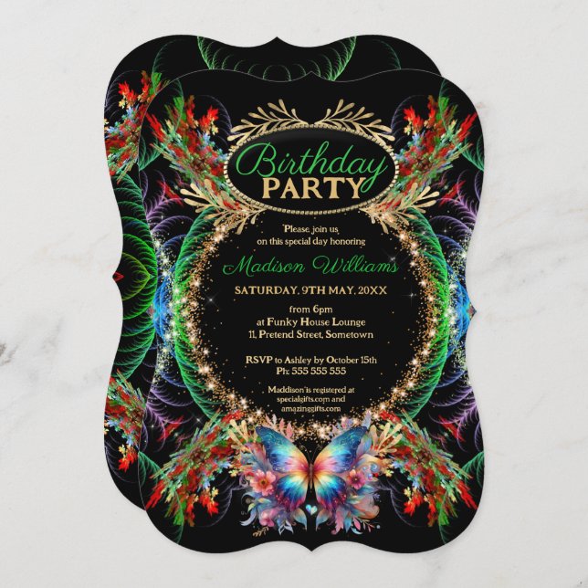 Butterfly Magic Colourful Fractal Sparkle Birthday Invitation (Front/Back)