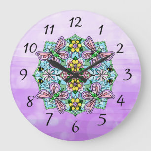 Butterfly Mandala Whimsical Hand Drawn Large Clock