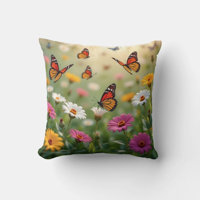 Butterfly Meadow Seamless Pattern Vibrant Flowers Cushion (Front)