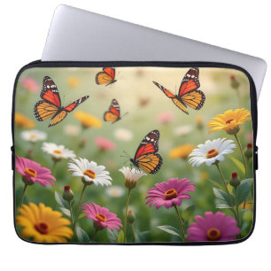 Butterfly Meadow Seamless Pattern Vibrant Flowers Laptop Sleeve