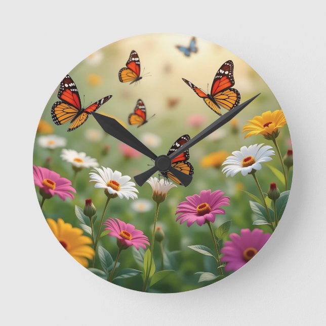 Butterfly Meadow Seamless Pattern Vibrant Flowers Round Clock (Front)