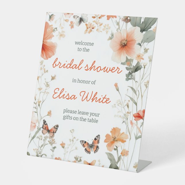 Butterfly Meadow Watercolor Bridal Shower CUSTOM  Pedestal Sign (Front)