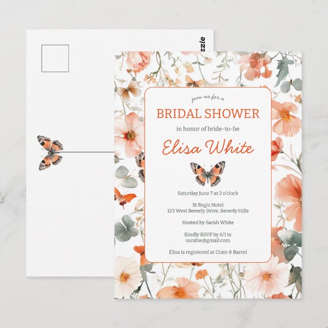 Butterfly Meadow Watercolor Bridal Shower Party  Postcard (Front/Back)