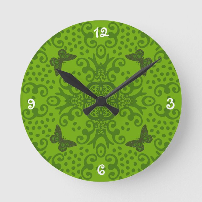 Butterfly Medallion Green Round Clock (Front)