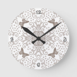 Butterfly Medallion Silver 'n White Round Clock