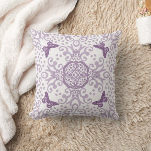 Butterfly Medallion Vintage Look Purple and White Cushion