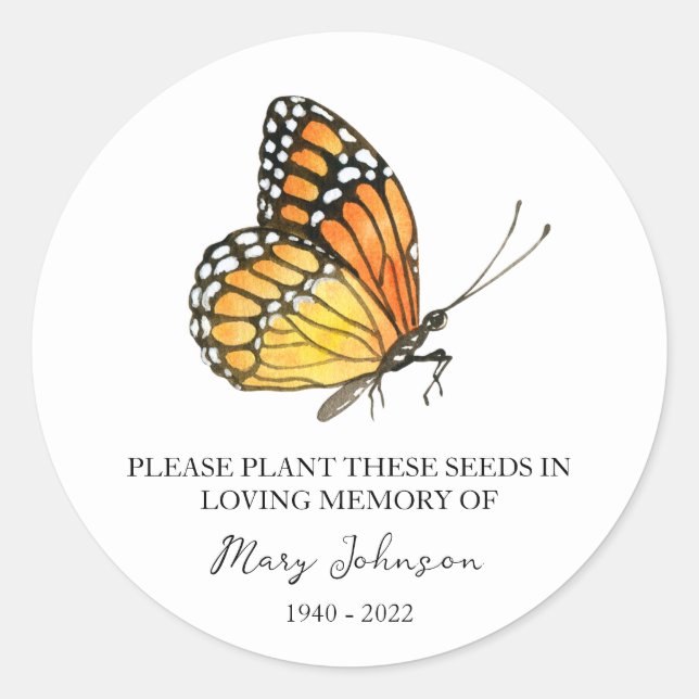 Butterfly Memorial Funeral Seed Packet Classic Round Sticker (Front)