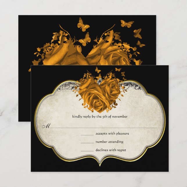 Butterfly Metallic Gold Heart Tan Faux Parchment RSVP Card (Front/Back)