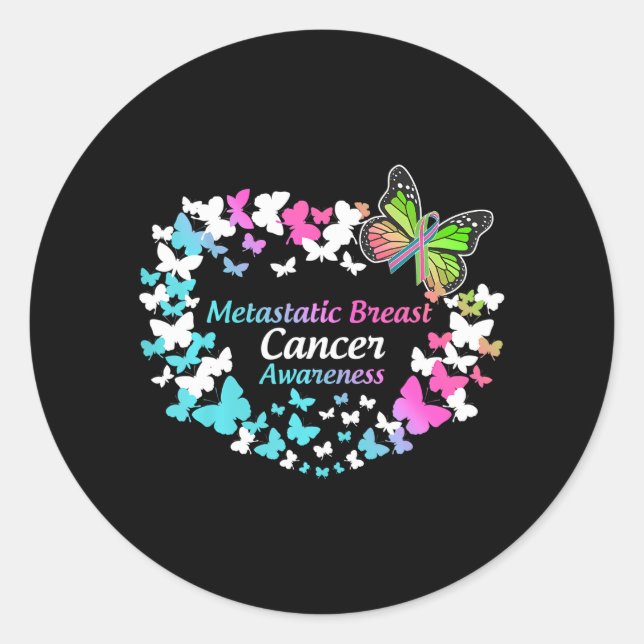 butterfly metastatic breast cancer green teal classic round sticker (Front)