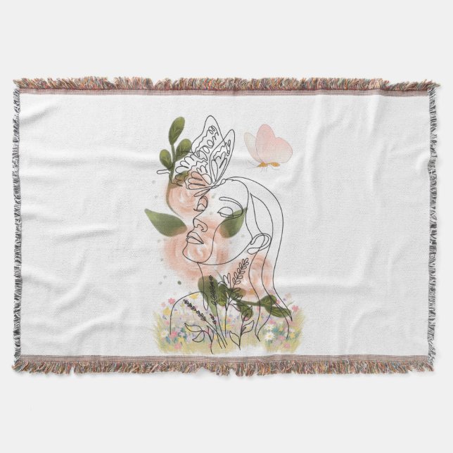 Butterfly Mind – floral line art Throw Blanket (Front)