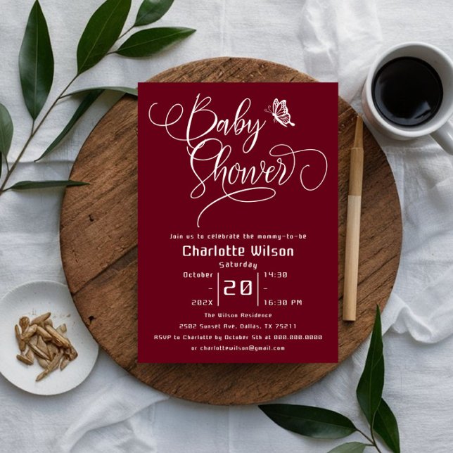 Butterfly Modern Minimal Deep Burgundy Baby Shower Invitation (Creator Uploaded)