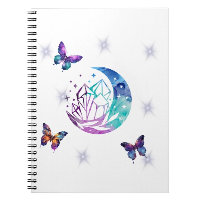 Butterfly, Moon, and Crystals notebook (Front)