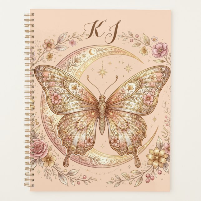 Butterfly Moon Floral Gold Personalised Design Planner (Front)