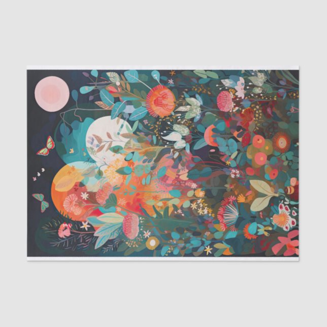 Butterfly Moon Whimsical Flower Painting Decoupage Tissue Paper (Front)