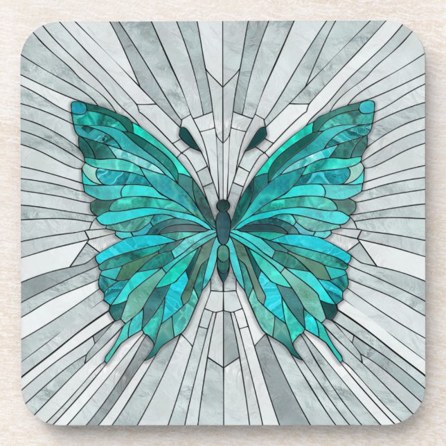 Butterfly Mosaic -Emerald Green and Grey Coaster (Front)