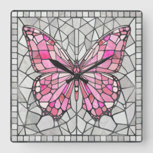 Butterfly Mosaic - Fairy Tale Pink and grey Square Wall Clock