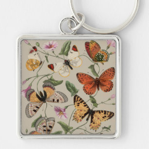 Butterfly Moth Nature Drawing antique watercolor Key Ring