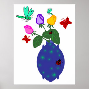 butterfly n dragonfly rose vase poster