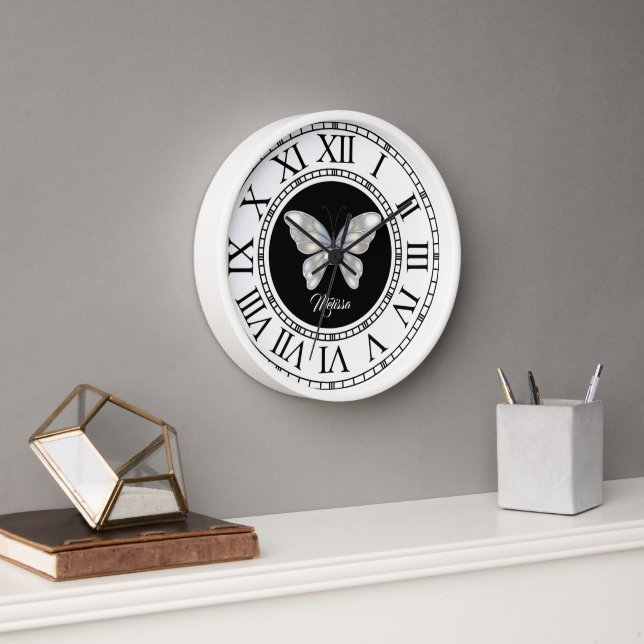 Butterfly name black white modern ROMAN numerals Clock (Office)