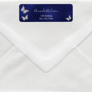 Butterfly navy blue silver return address label