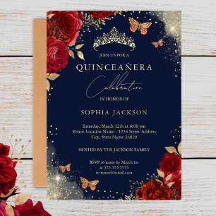 Butterfly Navy Red Rose Gold Tiara Quinceanera
