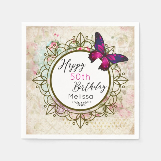 Butterfly on a Shabby Vintage Collage Birthday Napkin (Front)