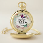 Butterfly on a Shabby Vintage Collage Mr and Mrs Pocket Watch<br><div class="desc">A pocket watch designed with a magenta pink pretty butterfly . A white circular frame with your  details inside. Mr & Mrs written in a cute trendy font.  The 
background is a shabby vintage collage with pink roses and other decorative elements. A chic old-fashioned vibe.</div>