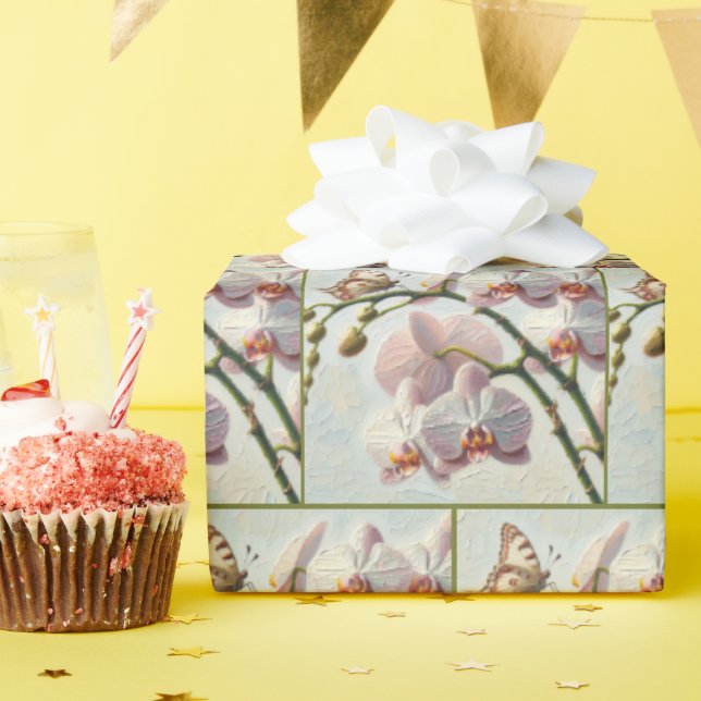 Butterfly On An Orchid Impasto Painting Wrapping Paper (Birthday Party)