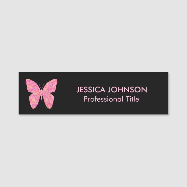 Butterfly on Black Background Name Tag (Front)