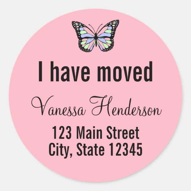 Butterfly on Custom Pink Moving Announcement Classic Round Sticker (Front)