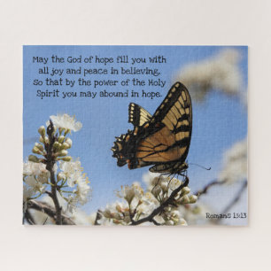 Butterfly on Florals w/ Bible verse about hope Jigsaw Puzzle