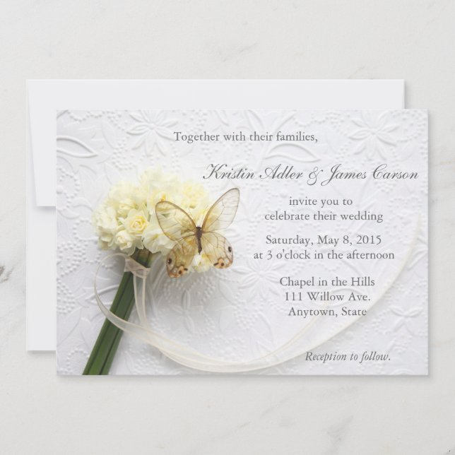 Butterfly on flower bouquet wedding invitation (Front)