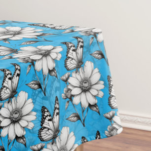 Butterfly On Flower Pattern Blue Design Tablecloth