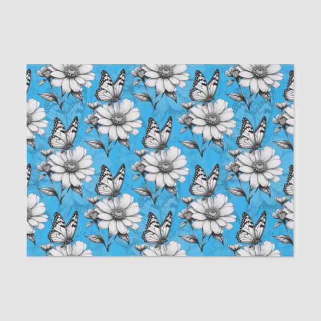 Butterfly On Flower Pattern Blue Design   Tissue Paper (Front)
